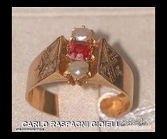 Anello antico oro 14kt. Perline e pasta vitrea